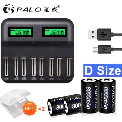 Palo C D Size Battery Charger LCD Smart Charge for AA AAA SC C D Size Battery+4pcs 1.2V 8000mAh NiMH Rechargeable Battery D Size