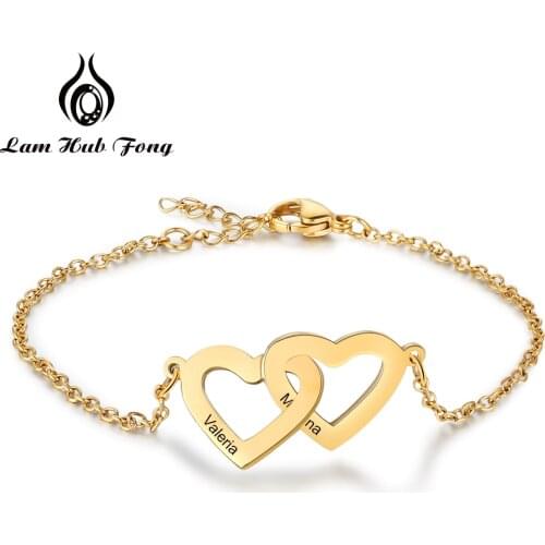 Personalized Name Bracelet for Women Custom Double Heart Bracelets & Bangles Charm Jewelry Anniversary Gift (Lam Hub Fong)