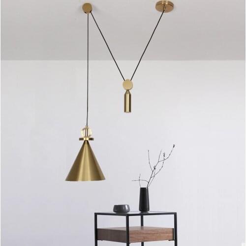 LuKLoy Suspension Brass Color Adjustable Pendant Light Pulley Bedside Hanging Lamp Hanglamp Bedroom Living Room Pendant Lamp
