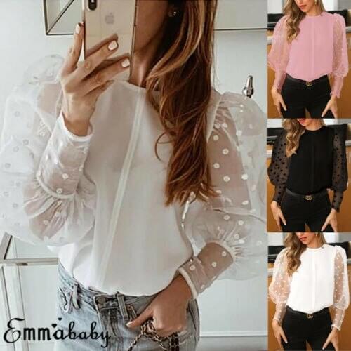 See-through Women Mesh Sheer Blouse Top Shirts o-neck Lace Puff Sleeve Tops Woman Summer Casual Female