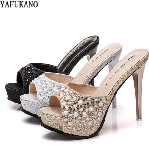 12 Cm Super High-Heel Slippers European American Sexy Stiletto Platform Party Slides Pearl Rhinestone Silver Summer Shoes Women