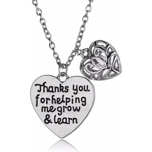 "Thank You For Helping me Grow & Learn" Double Heart Love Pendant Necklace For Teacher Jewelry Gifts For Teacher Necklace