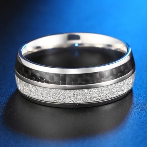 Unisex Inlaid Foil Carbon Fiber Wood Chip Leather Ring Wedding Carbon Fiber Inlay And Beveled Edges Rings For Men Women
