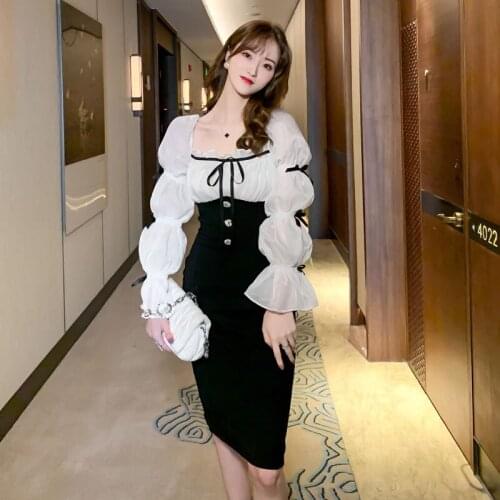 Spring Women White Long Lantern Sleeve Square Collar Bodycon Bandage Dress Sexy Party Vestidos Office Patchwork Pencil Dresses