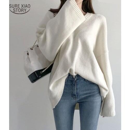 Vintage Casual Wool Long-sleeved Knit Sweater Autumn Loose Solid V-neck Pullover Winter Chic Mid-length Outer Wear Sweater 16868