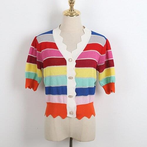 Fashion Sweet V-Neck Color Striped Cardigan Women Clothing 2021 Summer New Korean Thin Short Knit Sweater Coat Top Shirt