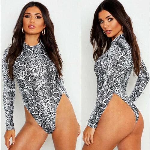 HOT SALE Women Sexy Bodycon Snake Print Long Sleeve Romper Tops High Neck Clubwear Party Romper Bodysuit Streetwear