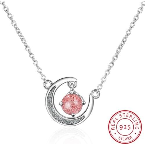 925 Sterling Silver Fashion Aesthetic Exquisite Strawberry Crystal Crescent Moon Female Allergy Pendant Necklace H47