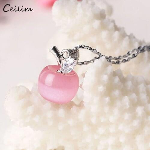 Cute Crystal Necklace for Women Girls Opal Pink Apple Pendant Necklace Korean Fashion Necklace Silver Color Chain Jewelry Collar