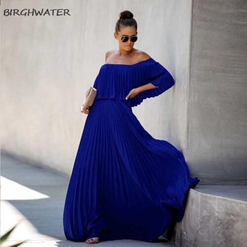 Women Off Shoulder Chiffon Dress Summer Ruffle Pleated Long Dresses Holiday Casual Solid Elegant Loose Beach Ladies Dress