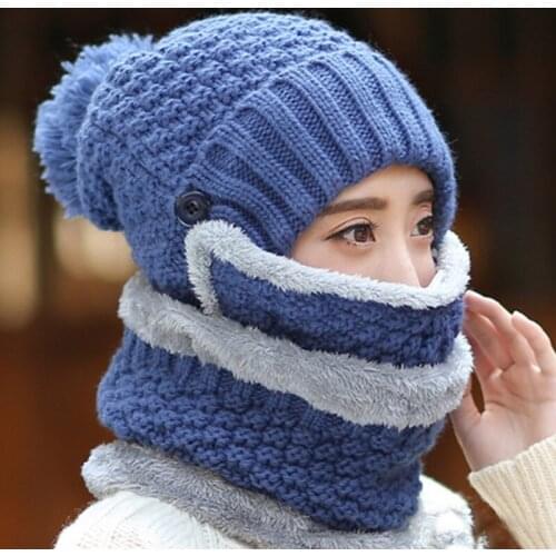 Winter Hats For Women With Breathing Mask 2in1 Knitted Hat Girl Pompoms Hat Warm Add Fur Lined Protective Winter Hat