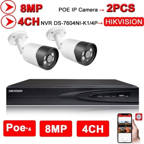 4CH CCTV System 2PCS Ultra 8MP Outdoor Security POE Camera with Hikvision 4 POE NVR DS-7604NI-K1/4P DIY Video Surveillance Kits