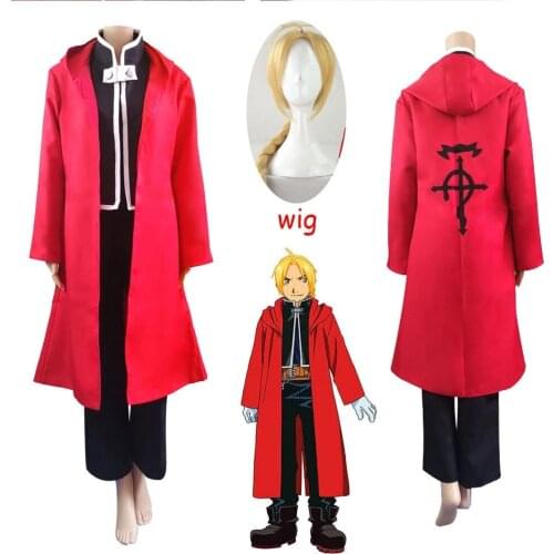 Anime Full Metal Alchemist Cosplay Edward Elric Costume cosplay wigs FullMetal Alchemist Hooded Coat full set Free Shipping