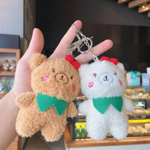 Zqswkl 13cm cherry teddy bear key chain mini dolls cute woman bag pendant cartoon car anime plush keychain on the phone