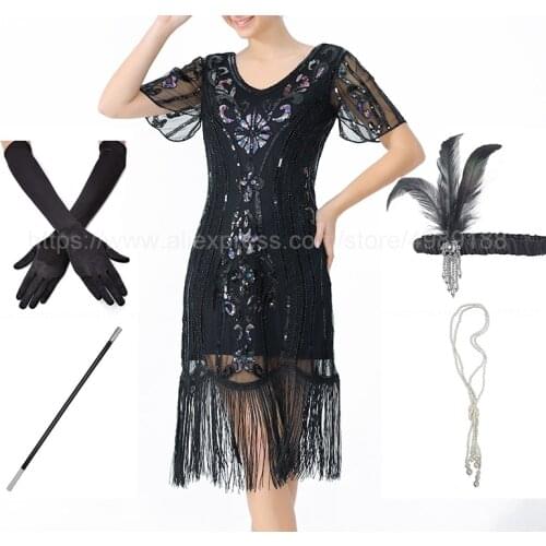 Gatsby Wedding Retro Vintage Plus Size 4XL Womens 1920s V Neck Sequins Beaded Fringed Theme Flapper Dress with Accessories Set
