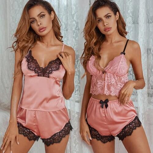 3pcs Set Women Satin Lace Sleepwear Homewear Nightwear Pyjamas Shorts Set Female Sexy Sleepwear Outfits 2 Tops Pjs