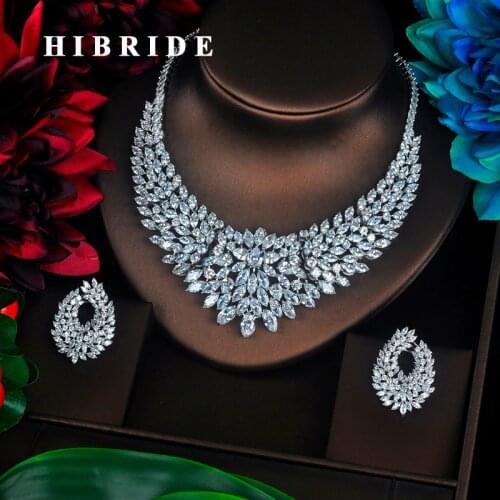 HIBRIDE Sparkling Marquise Cut Cubic Zirconia Big Full Jewelry Sets Women Bride Necklace Set Dress Accessories Party Show N-340