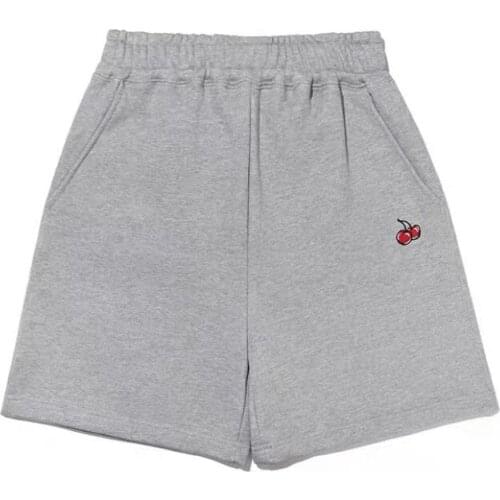 Summer Cherry Embroidery Casual Shorts Loose Wild Wide-leg Pants Sports Women Fashion College Style Elastic Waist -40