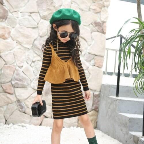 Fashion Girl Clothes Dress Autumn And Winter Stripe 2 Set Children Dresses Knitting Dress Camisole Long Fund Wool Dress Tide