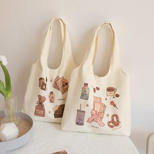 2021 New Korean Canvas Tote Shopper Bag Womens Shoulder Bag Large Capacity Student Handbags Cartoon Printing Eco Shopping Bags