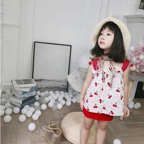2021 New Summer Girls' Set Cherry Suspender Top With Shorts