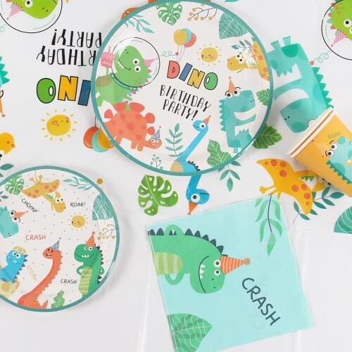 PATIMATE Dinosaur Disposable Party Tableware Diosaur Birthday Party Decor Kids Paper Plate Cup Diosaur Birthday Party Supplies