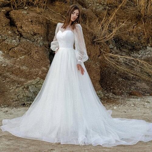 Hippie Beach Boho Wedding Dress Long Sleeve Organza Sparkling Pearls Beads A Line Court Train Bridal Dresses 2021