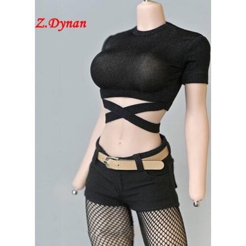 1/6 Scale Female Sexy Short black T-shirt cross tie Exposed waist pants with belt socks set For 12 inches Body Figures