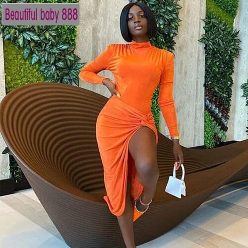 Meqeiss sexy high split woman Solid color dresses autumn long sleeve fashion club party night wild dress female bodycon clother