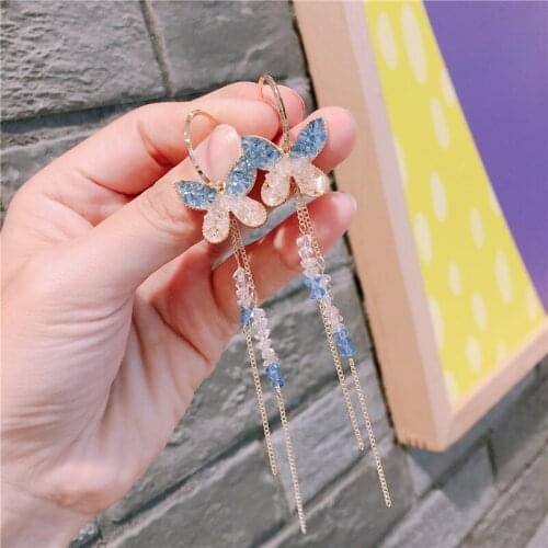 Korean Fashion Butterfly Crystal Dangles Earrings for Woman Girl Long Tassel Earring Charm Jewelry