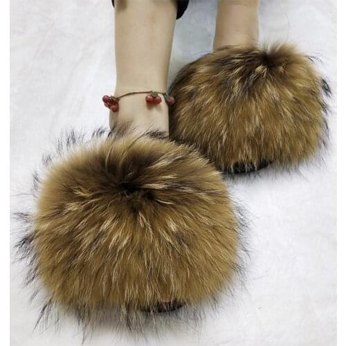 New Women Fluffy Fox Fur Slippers Ladies Soft House Slides Female Luxury Sandals Plush Flip Flops Hot Summer Fashion Furry Shoes