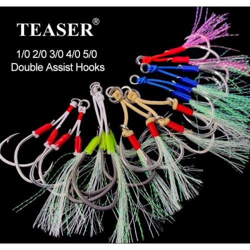 TEASER 10pcs/lot 1/0 2/0 3/0 4/0 5/0 Double Assist Jigging Hooks High Carbon Steel Strong Fishing Hooks For Saltwater Freshwater