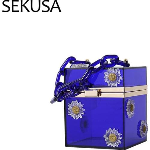 Box Lock Women Handbags Plastic Flower Day Clutch Purse With Chain Shoulder Evening Bags Bucket Purse