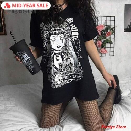 Women Gothic Doll Printed Tshirt Short Sleeve Black Casual Loose Long Shirt Long Top 2020 New Summer Fashion Tee Sale Shipping
