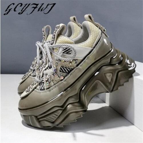 Women Sneakers Lace-Up Mesh Shallow Rhinestone Flat Paltform Zapatillas Mujer Thick Bottom Round Toe Mixed Colors Women Shoes