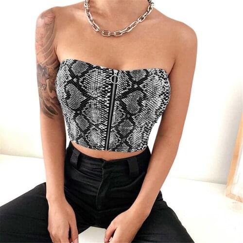 Women Bandeau Snake Print Zipper Wrapped Chest Summer Strapless Crop Top Women Tube Top Sleeveless Sexy Wrap Tops