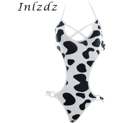 Womens Lingerie Sexy Teddy Bodysuit Cow Print Lace-up Sexy Cosplay Costume Halter Neck Swimsuit Cutout Lingerie Leotard Swimwear