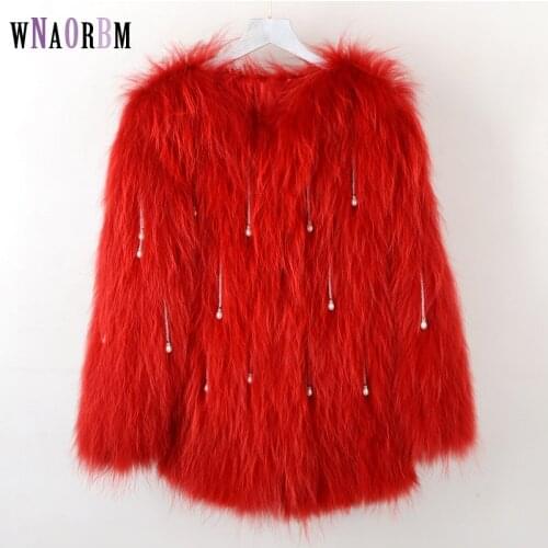 Length 60 cm women knitted real fox fur overcoat new fashion stlye female coat Raccoon fur Hand woven coat beads detachable