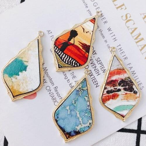 20pcs 48*27mm Colorful Geometry Wood Painting Paved Zinc Alloy Waterdrop Necklace Pendants Ornament Accessories Earring Charms