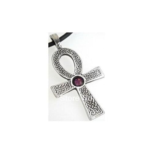 30pcs a lot antique silver color religious ankh cross with color crystal pendant necklace jewelry
