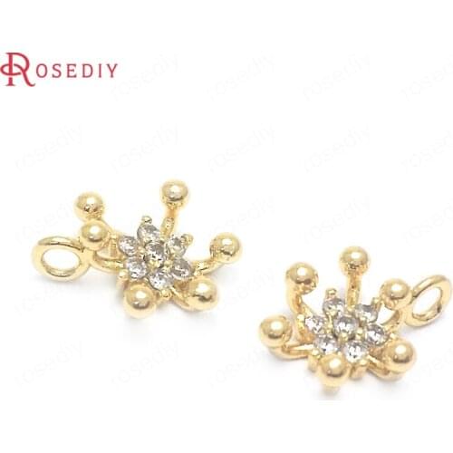 37742)4PCS 13x10MM 24K Gold Color Brass and Zircon Flower Charms Pendants Jewelry Making Supplies Diy Findings Accessories