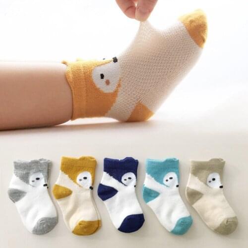 5Pair Breathable Childrens Socks Fox Head Boys and Girls Socks Spring and Summer Mesh Thin Section Polyester Cotton Baby Socks