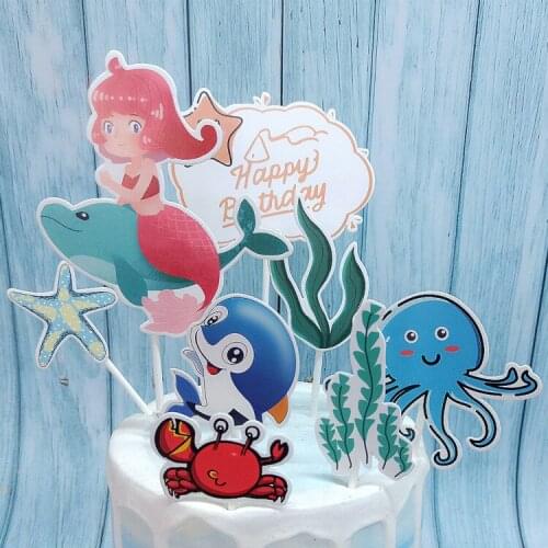 8pcs Ocean Cupcake Decor Mermaid Dolphin Birthday Cake Topper Under the Sea Happy Birthday Party Decor Kids Girls Favor