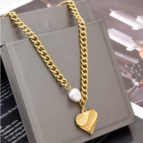 316L Stainless Steel New Fashion Fine Jewelry Pearl Love Heart Ripple Charms Thick Chain Choker Necklaces Pendants For Women