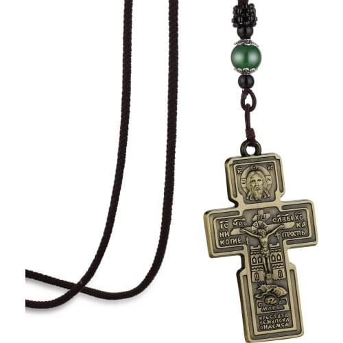 Orthodox Jesus Christ Cross Pendant Crucifix Pantocrator Christian Necklace for Men Braided Rope Chain Church Pray Jewelry