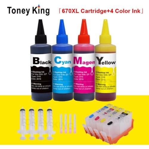 Toney King 670XL Replacement For HP 670 XL ink Cartridge For HP670 Deskjet 4525 6520 6525 6625 Printer + 100ml Ink Refill Kit