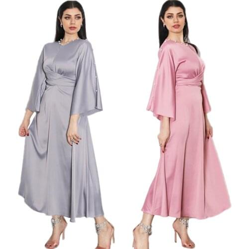 Middle East Dubai Satin Long Dress Ruffle Sleeve Elegant Abaya Party Evening Arab Jilbab Draped Design Beading Ramadan Fashion