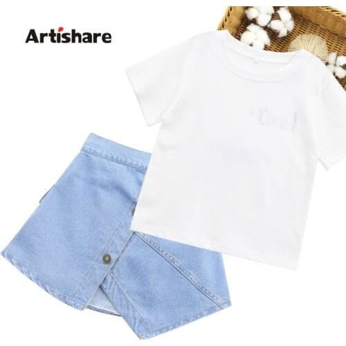 Clothes For Girls Letter Tshirt + Denim Skirt Girl Clothes Summer Outfit For Girls Casual Style Tracksuit Kids 6 8 10 12 14