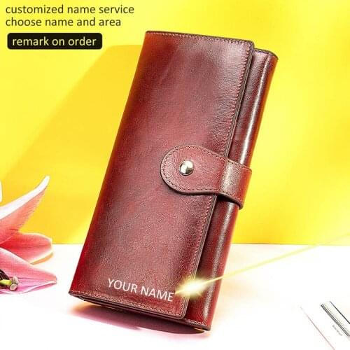 Private Custom Wallet Retro RFID Women Long Wallet Genuine Leather High Capacity 3 Fold Mobile Coin Purse Name Engraving