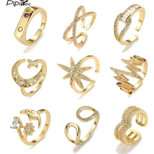 Pipitree CZ Zircons Star Moon Rings Crystal Geometric Engagement Wedding Ring For Women Simple Open Adjustable Rings Jewelry